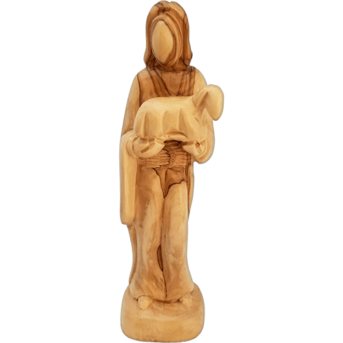 Holy Land Olive Wood Statue - Jesus the Good Shepherd, 10" front view