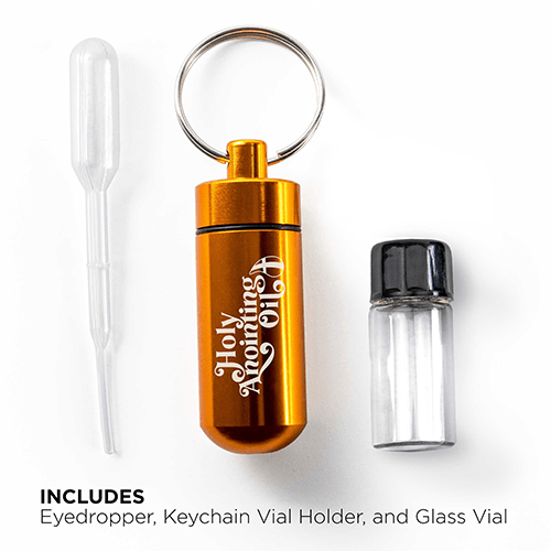 Oil Vial Keyring showing keyring vial holder, vial and eyedropper with descriptive text