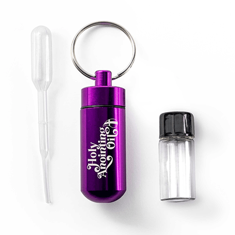 Oil Vial Keyring showing keyring vial holder, vial and eyedropper