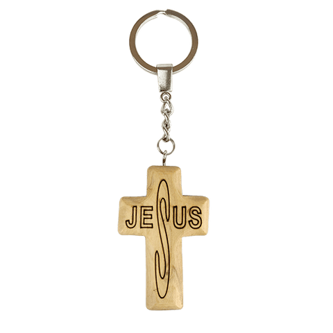Jesus Cross Olive Wood Keychain, Catholic & Christian Religious Gift for Men & Women