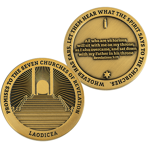 Front and back of Laodicea, Seven Churches of Revelation Antique Gold Plated Challenge Coin