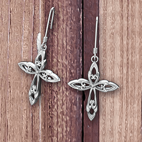 Logos Jewelry - Leaf Cross, Sterling Silver Earrings - Logos Trading Post, Christian Gift