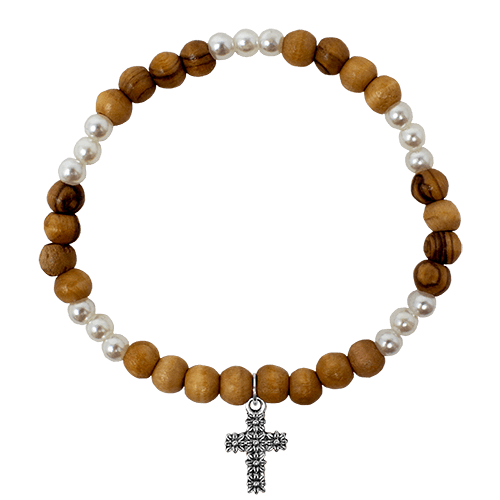 Olive Wood Stretch Bracelet, White Beads and Cross Dangle