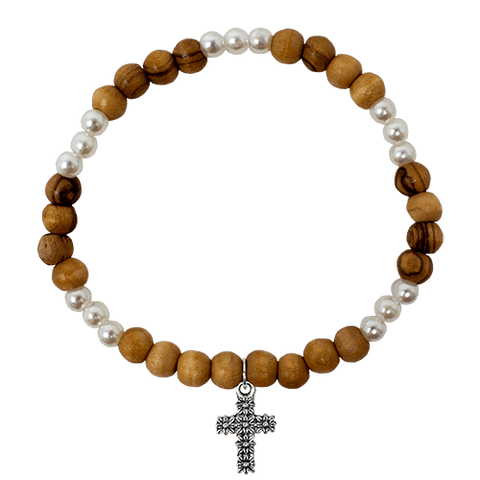 Olive Wood Stretch Bracelet, White Beads and Cross Dangle