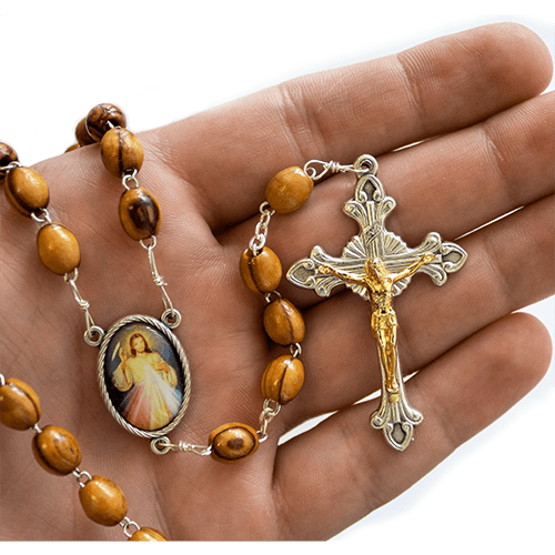 Olive Wood Rosary with Divine Mercy of Jesus Oval Medal