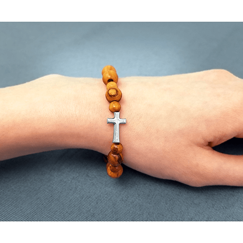 Olive Wood Stretch Bracelet, Beads and Inlet Cross