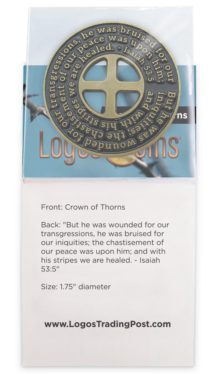 the back of Crown of Thorns Antique Gold Plated Challenge Coin in packaging