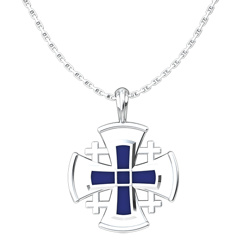 Jerusalem Cross with Blue Enamel  Sterling Silver Pendant