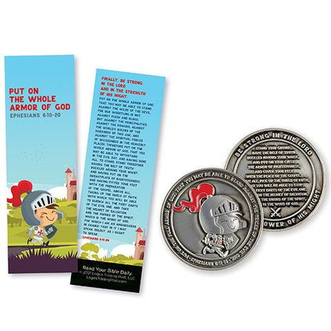 Kids Armor of God Set: Pack of 25 Bookmarks & Matching Challenge Coin
