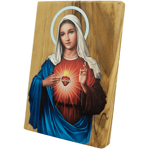Virgin Mary Immaculate Heart, Holy Land Olive Wood Color Icon, Made in Bethlehem