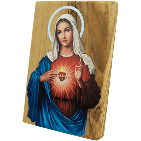 Virgin Mary Immaculate Heart, Holy Land Olive Wood Color Icon, Made in Bethlehem