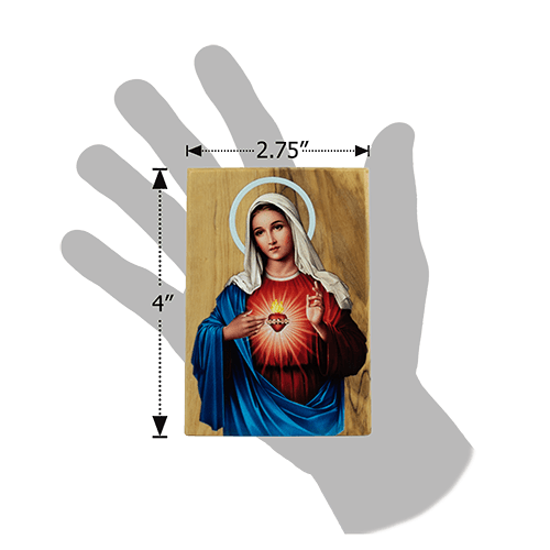 Virgin Mary Immaculate Heart, Holy Land Olive Wood Color Icon, Made in Bethlehem