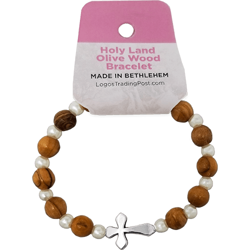 Olive Wood Stretch Bracelet, White Beads and Inlet Cross