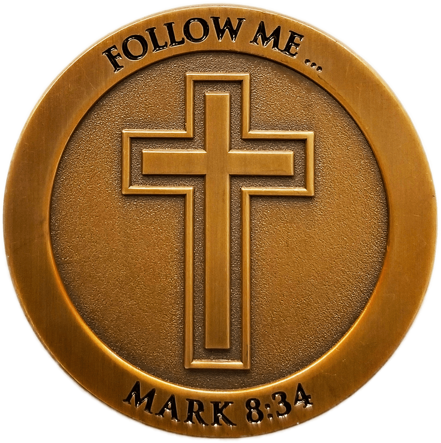 Front: Cross, with text, "Follow Me..." / "Mark 8:34"