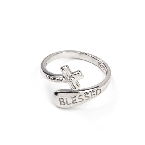 Sterling Silver Wrap Ring - Blessed and Crucifix, One Size Fits Most