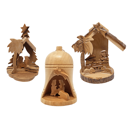 Olive Wood Christmas Ornament Sets, 3 Holy Land Nativity Ornaments Set, Rustic Religious Indoor Hanging Christmas Tree Ornaments, Wood Ornaments from Bethlehem
