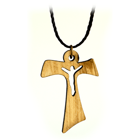 Tau Cross & Jesus Silhouette Olive Wood Necklace