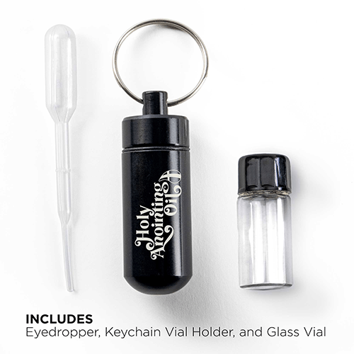 Oil Vial Keyring showing keyring vial holder, vial and eyedropper with descriptive text