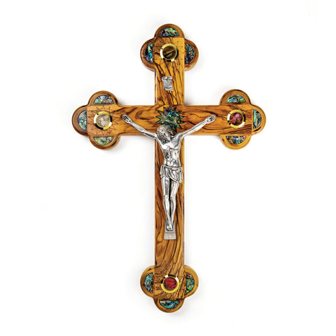 15" Olive Wood & Mother of Pearl Crucifix Wall Cross with Holy Land Elements