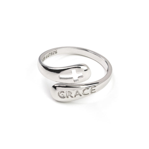 Sterling Silver Wrap Ring - Grace and Cut Out Cross, One Size Fits Most