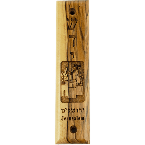 Shaddai & Jerusalem City Olive Wood Mezuzah with Scroll