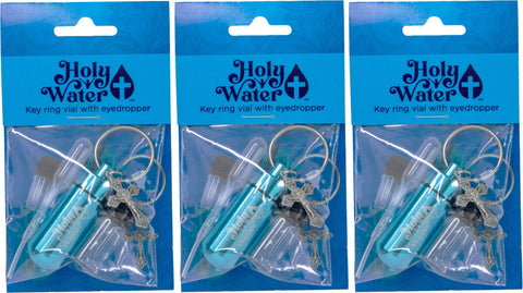 Catholic Holy Water Bottle Keychain Kit - Aqua, Bulk Set of 3