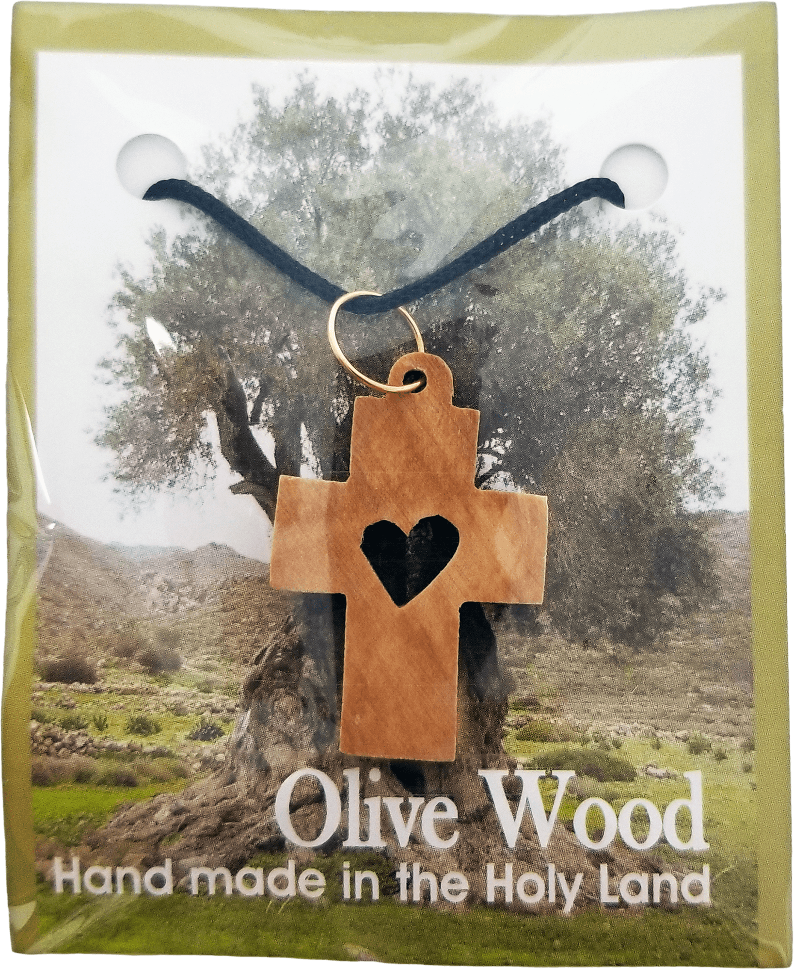 Olive Wood Cross Necklace with Heart Cutout