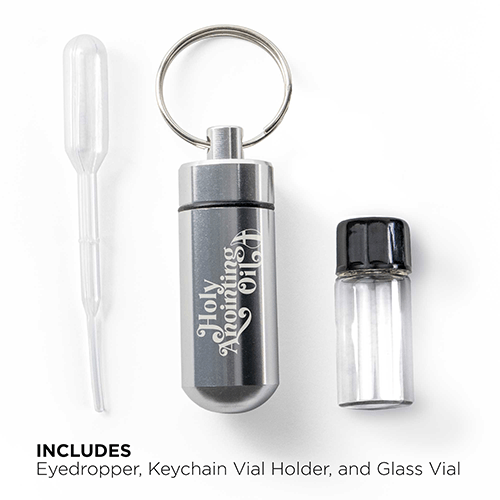 Oil Vial Keyring showing keyring vial holder, vial and eyedropper with descriptive text