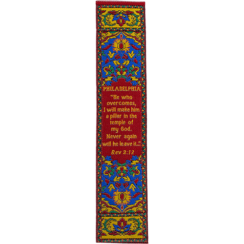 Woven Fabric Christian Bookmark: Philadelphia - Promises Of The Seven Churches Of Revelations - Revelations 3:12