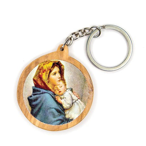 Mother Mary & Child Jesus (Byzantine), Olive Wood Catholic Keychain