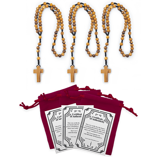 bulk olive wood rosary, cord style pack of 3, shown with red velvet and certificate of authenticity