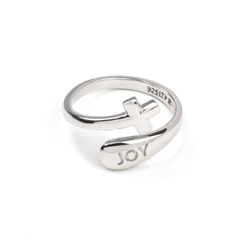 Sterling Silver Wrap Ring - Joy and Simple Cross, One Size Fits Most