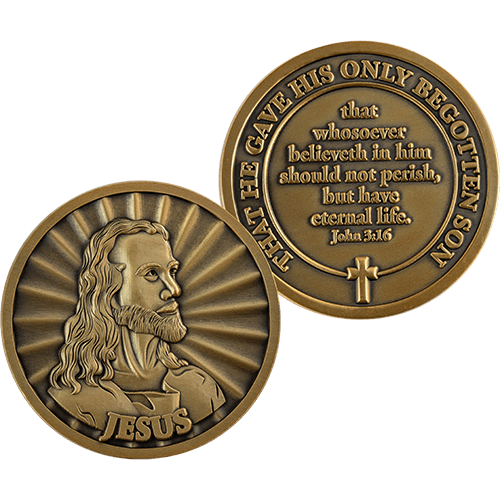 Both sides of the Antique Gold-Plated Religious Challenge Coin Head of Christ. Front with the Head of Christ. Back with john 3:16