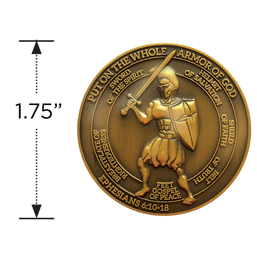 Armor of God Antique Gold Plated Christian Challenge Coin measure for size reference 