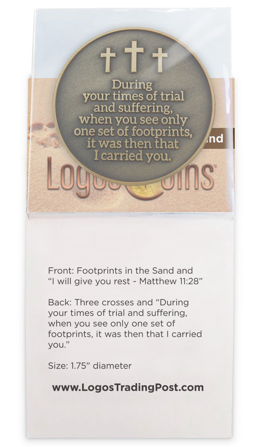 back of Footprints in the Sand Antique Gold Plated Challenge Coin in packaging