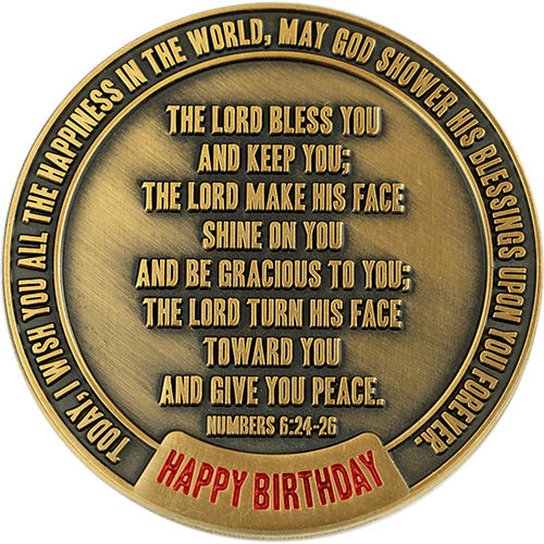 back of happy birthday challenge coin, with Bible verse and text "happy birthday"