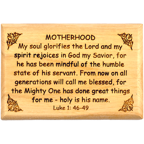 Bible Verse Fridge Magnets, Motherhood - Luke 1:46-49, 1.6" x 2.5" Olive Wood Religious Motivational Faith Magnets from Bethlehem, Home, Kitchen, & Office, Inspirational Scripture Décor front