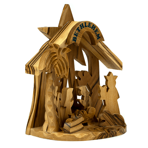 Olive Wood 3D Nativity Scene Grotto Ornament - Large