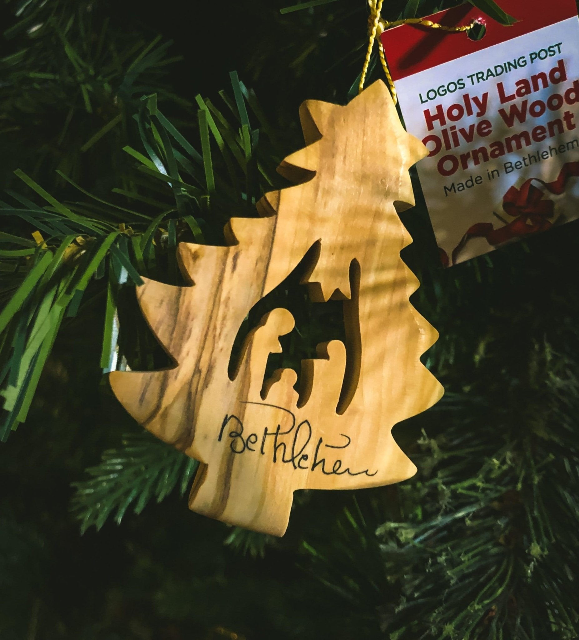 Olive Wood Bethlehem Pine Tree Nativity 3" Ornament