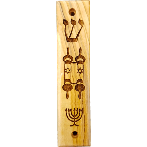 Shema, Torah Scroll, Menorah Olive Wood Mezuzah