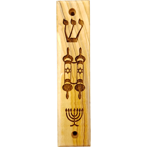 Shema, Torah Scroll, Menorah Olive Wood Mezuzah