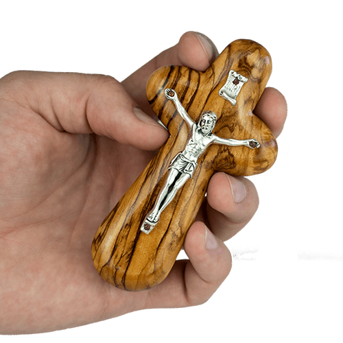 Olive Wood Comfort Cross with Crucifix & Tabletop Stand, Pocket Prayer Token from Israel