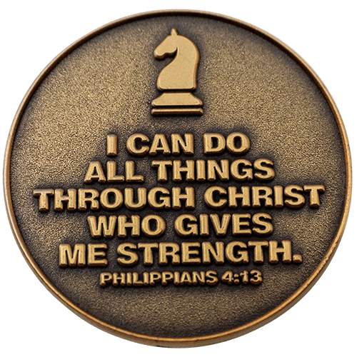 Back: Knight, with text, "I can do all things through Christ who gives me strength. Philippians 4:13"