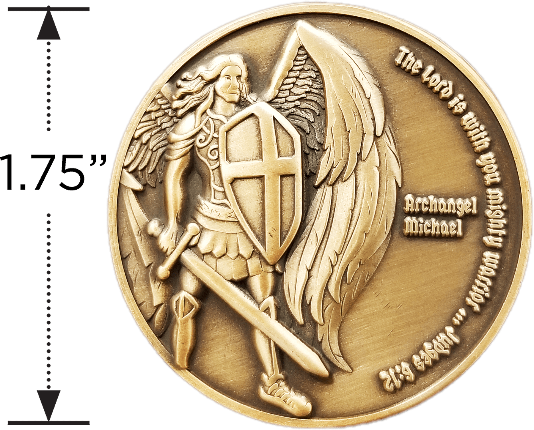  Archangel Michael Antique Gold Plated Christian Protection Coin measure to show size diameter