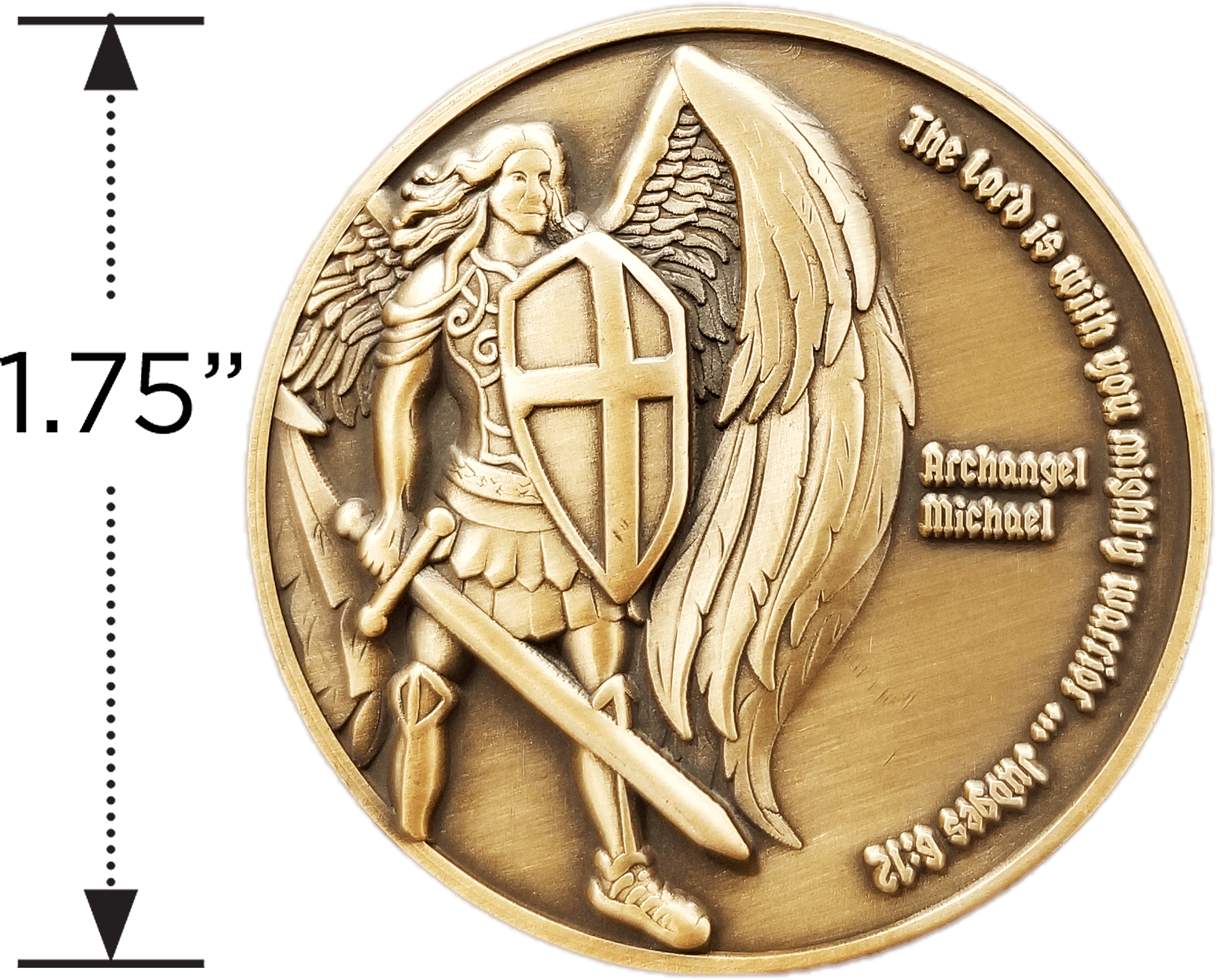 Archangel Michael Antique Gold Plated Christian Protection Coin measure to show size diameter