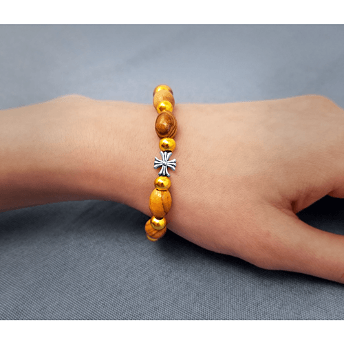 Olive Wood Stretch Bracelet, Golden Beads and Inlet Cross