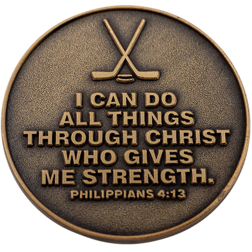 Back: Hockey sticks and puck, with text, "I can do all things through Christ who gives me strength. Philippians 4:13"