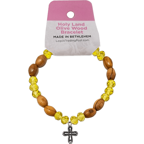 Olive Wood Stretch Bracelet, Yellow Beads and Cross Dangle