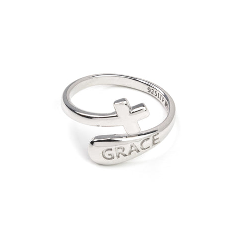 Sterling Silver Wrap Ring - Grace and Simple Cross, One Size Fits Most