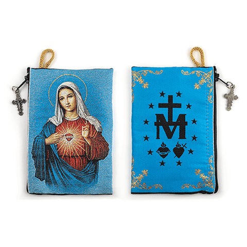 Woven Tapestry Rosary Pouch, Jewelry & Coin Purse - Virgin Mary Immaculate Heart & Miraculous Medal Symbol